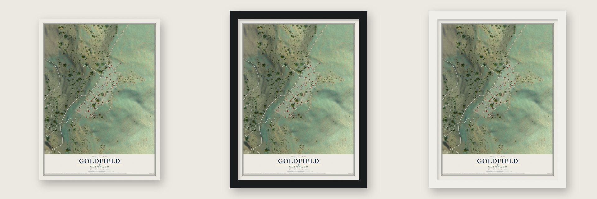 Goldfield, Colorado map unframed, in a black wood frame and in a white wood frame