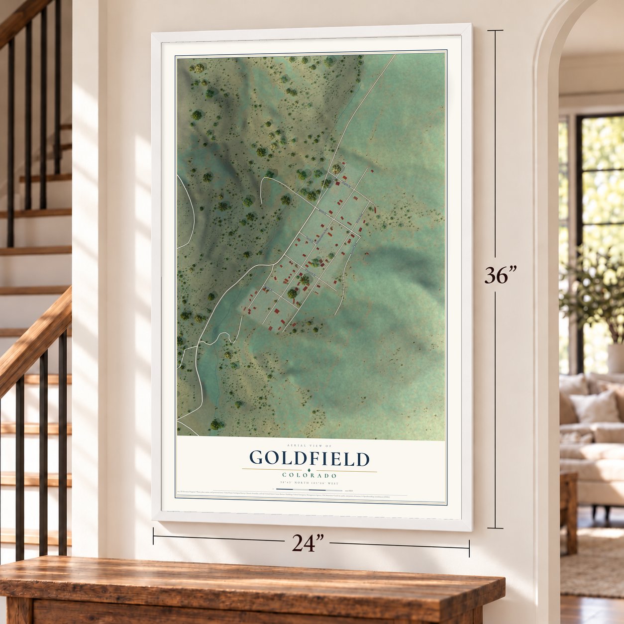 Goldfield, Colorado map, 24 x 36 inch print in a white frame by a staircase