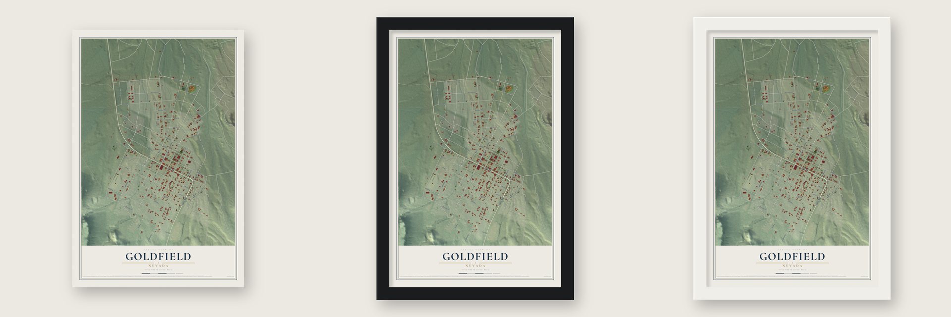 Goldfield, Nevada map unframed, in a black wood frame and in a white wood frame