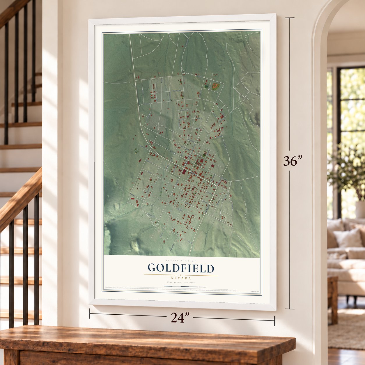 Goldfield, Nevada map, 24 x 36 inch print in a white frame by a staircase