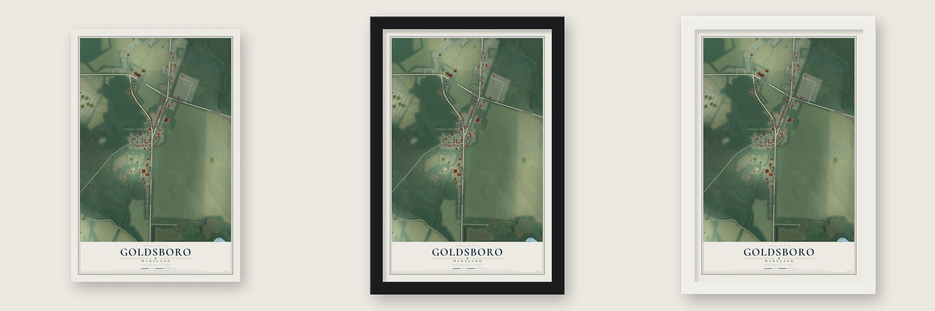 Goldsboro, Maryland map unframed, in a black wood frame and in a white wood frame