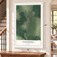 Goldsboro, Maryland map, 24 x 36 inch print in a white frame by a staircase
