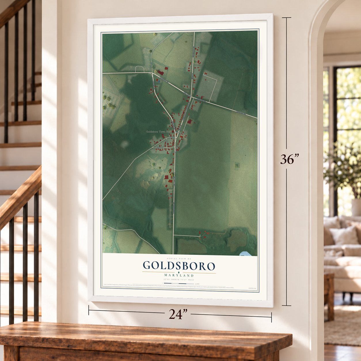 Goldsboro, Maryland map, 24 x 36 inch print in a white frame by a staircase