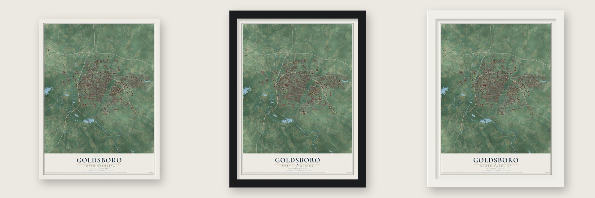 Goldsboro, North Carolina map unframed, in a black wood frame and in a white wood frame