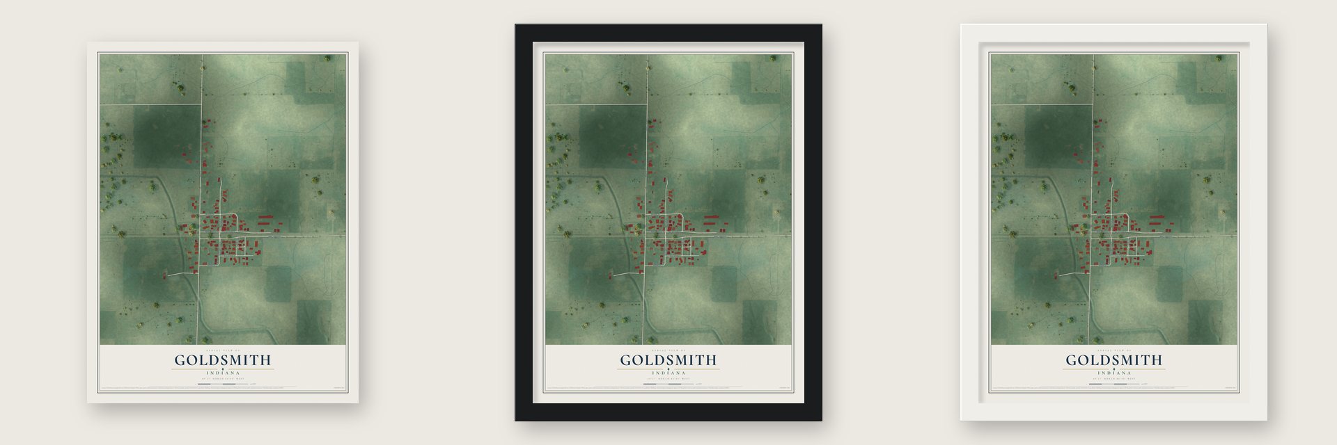 Goldsmith, Indiana map unframed, in a black wood frame and in a white wood frame