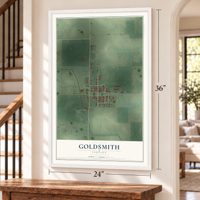 Goldsmith, Indiana map, 24 x 36 inch print in a white frame by a staircase