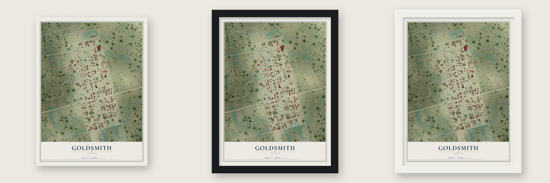 Goldsmith, Texas map unframed, in a black wood frame and in a white wood frame