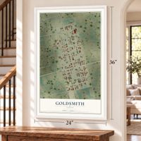 Goldsmith, Texas map, 24 x 36 inch print in a white frame by a staircase