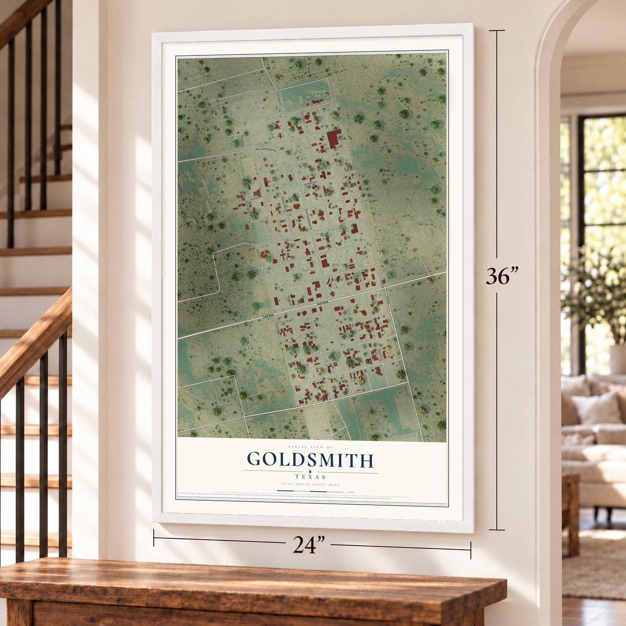 Goldsmith, Texas map, 24 x 36 inch print in a white frame by a staircase