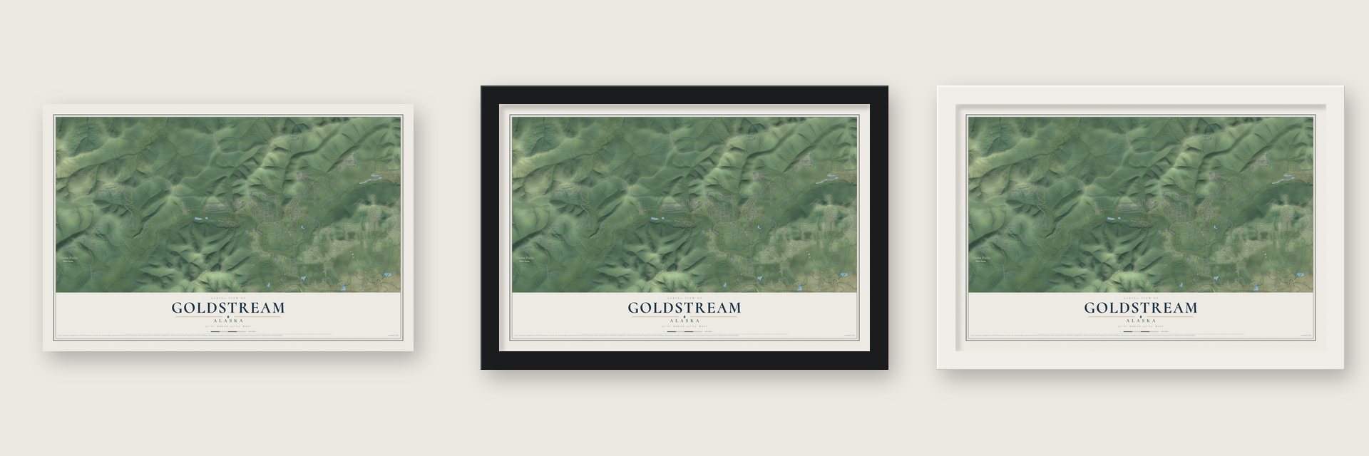 Goldstream, Alaska map unframed, in a black wood frame and in a white wood frame