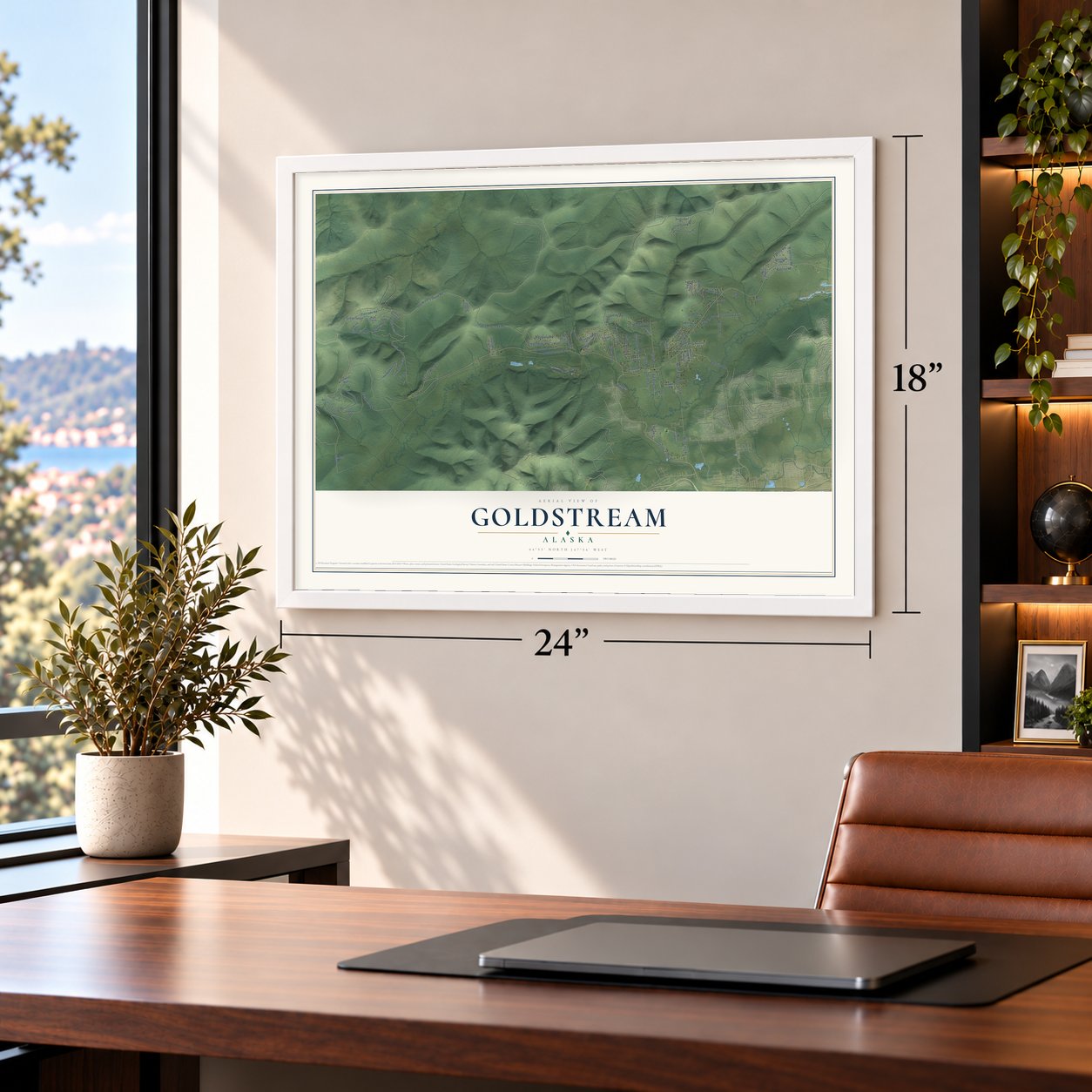 Goldstream, Alaska map, 18 x 24 inch print in a white frame in a home office