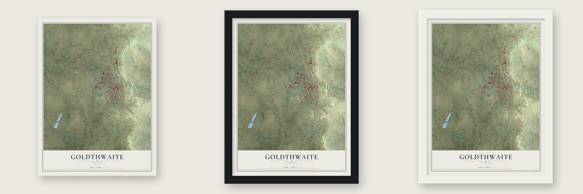 Goldthwaite, Texas map unframed, in a black wood frame and in a white wood frame