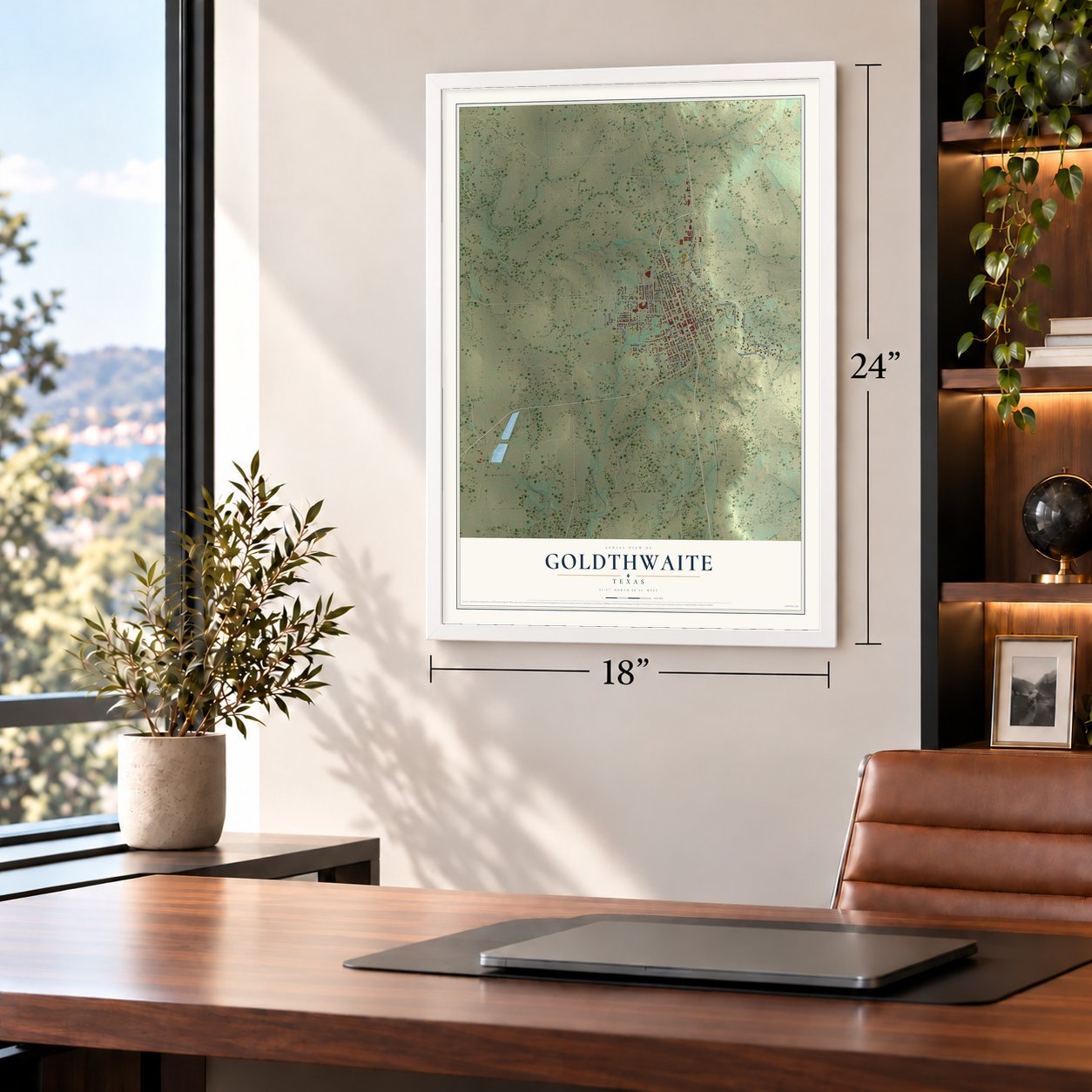 Goldthwaite, Texas map, 18 x 24 inch print in a white frame in a home office