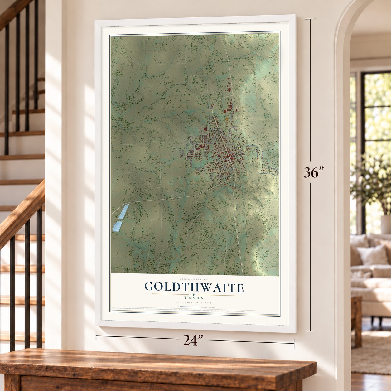 Goldthwaite, Texas map, 24 x 36 inch print in a white frame by a staircase