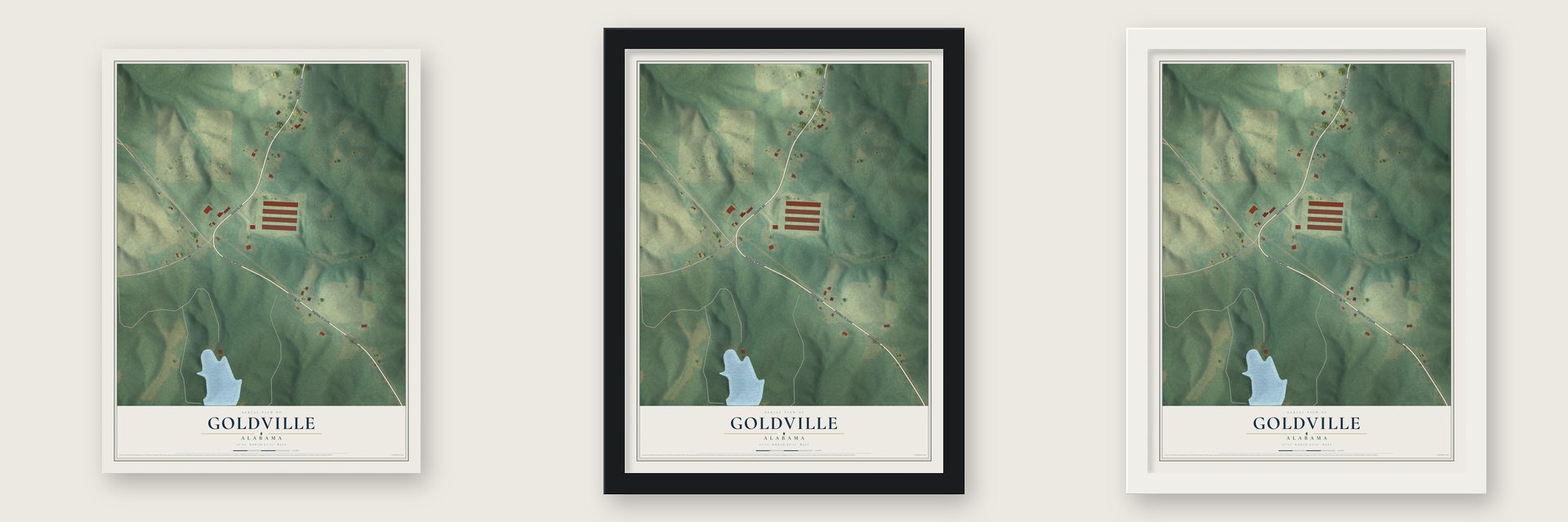 Goldville, Alabama map unframed, in a black wood frame and in a white wood frame