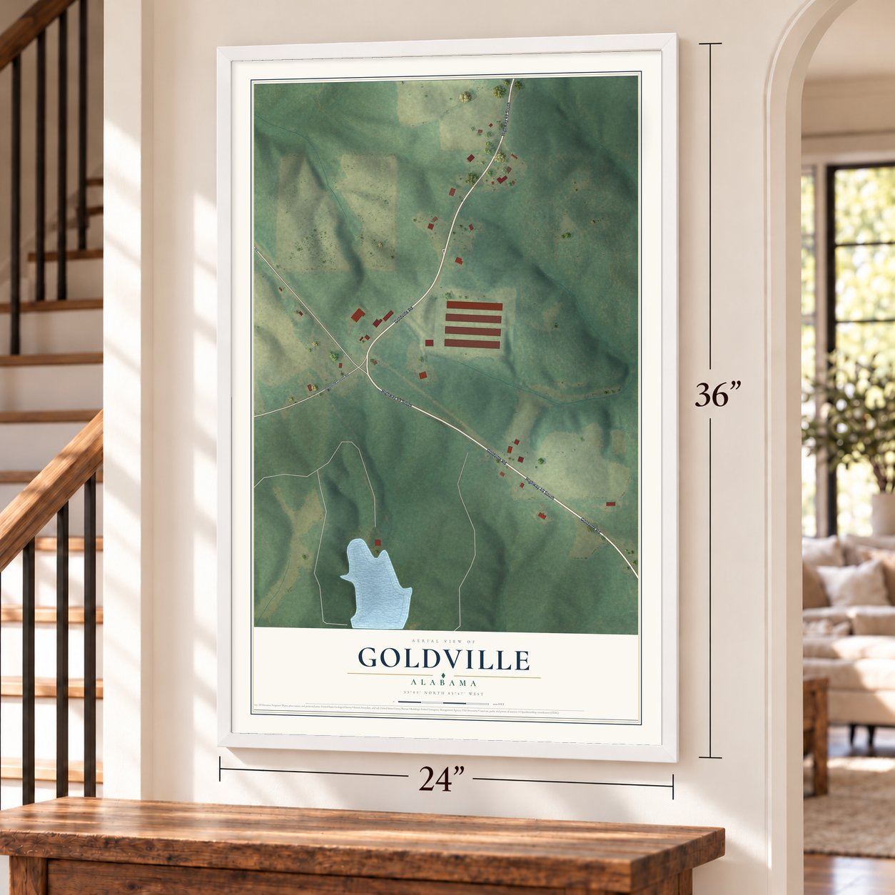 Goldville, Alabama map, 24 x 36 inch print in a white frame by a staircase