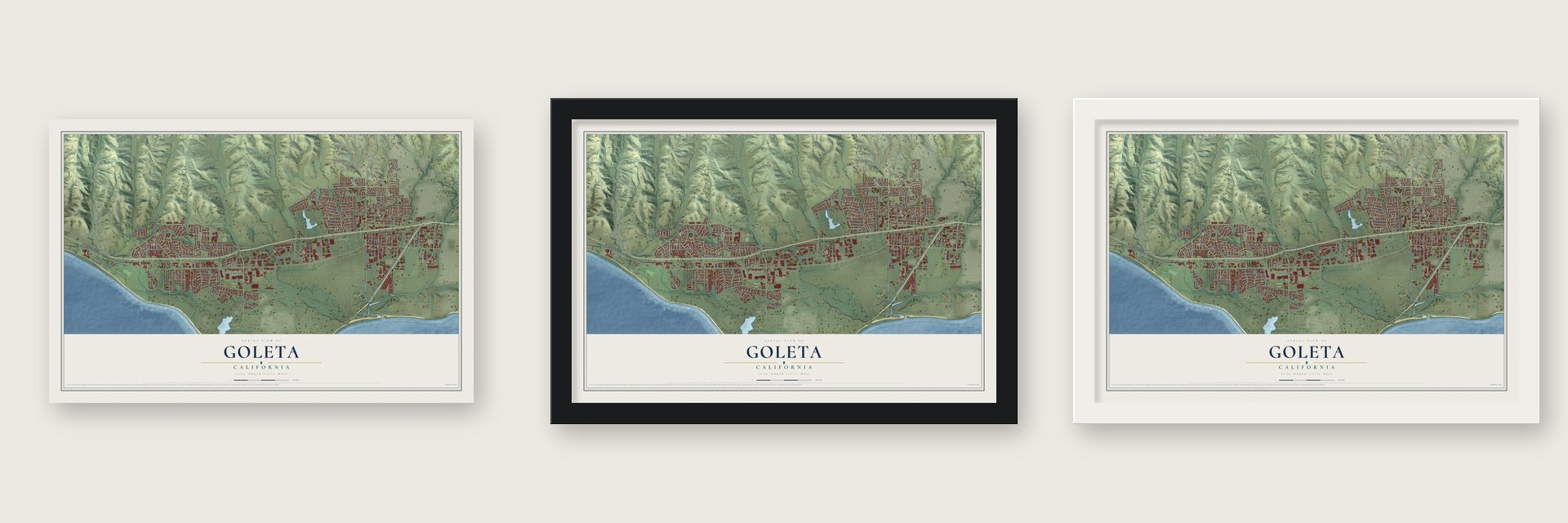 Goleta, California map unframed, in a black wood frame and in a white wood frame
