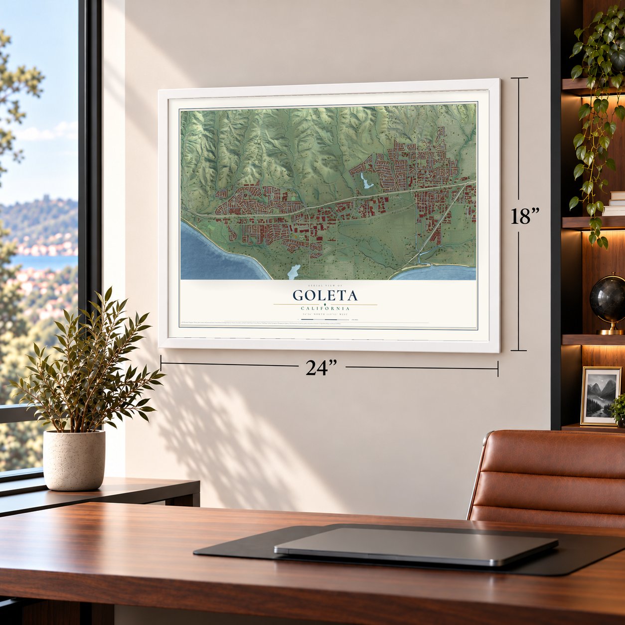 Goleta, California map, 18 x 24 inch print in a white frame in a home office