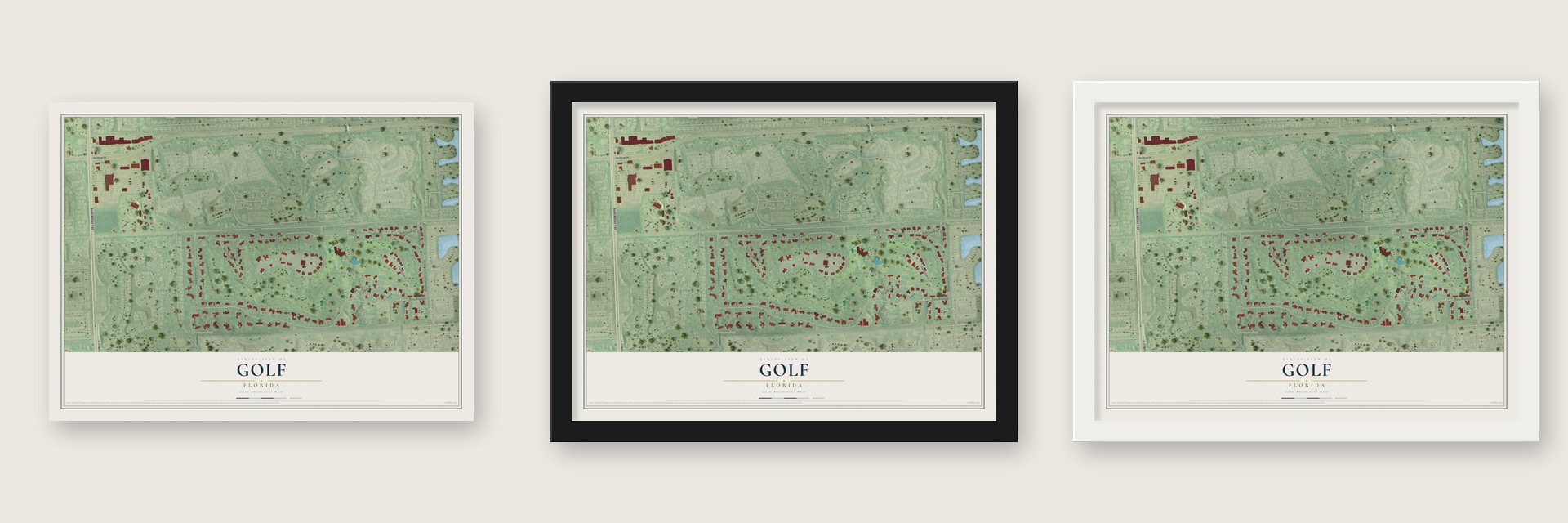 Golf, Florida map unframed, in a black wood frame and in a white wood frame