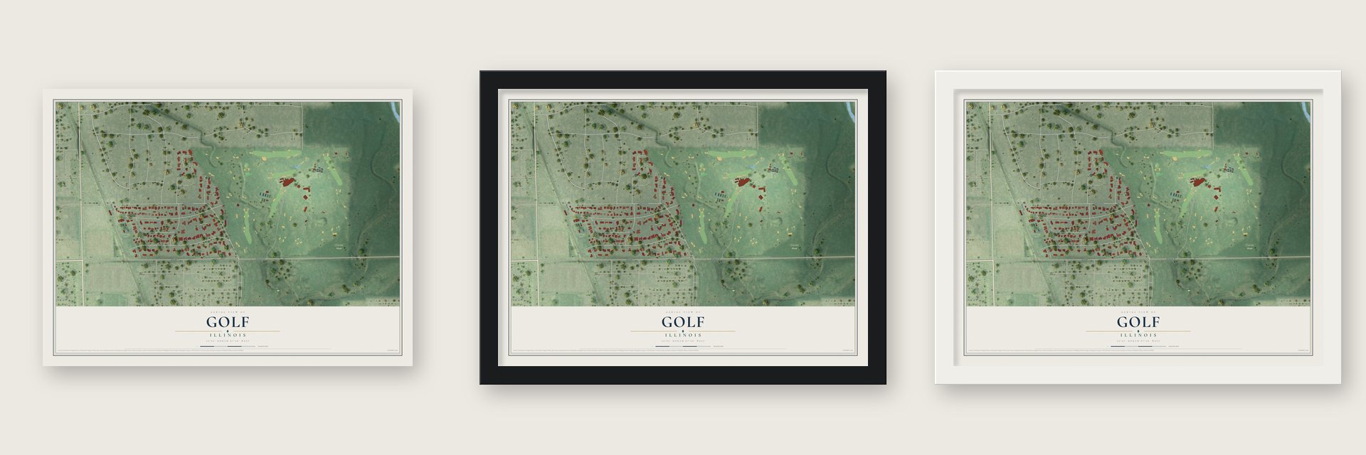 Golf, Illinois map unframed, in a black wood frame and in a white wood frame