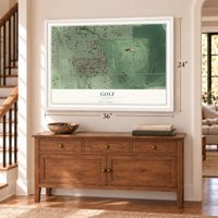 Golf, Illinois map, 24 x 36 inch print in a white frame above a dresser by a staircase
