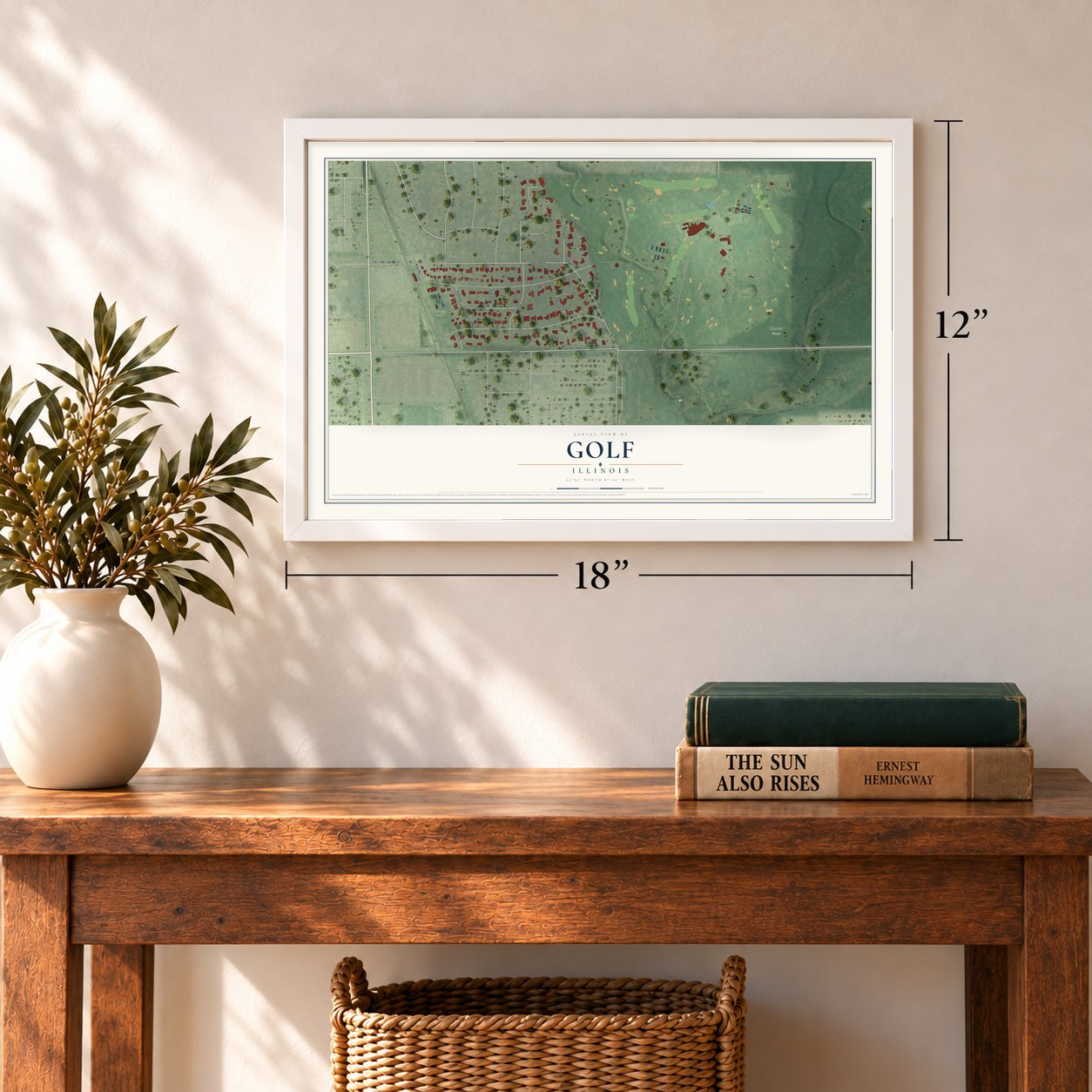 Golf, Illinois map, 12 x 18 inch print in a white frame in an entryway