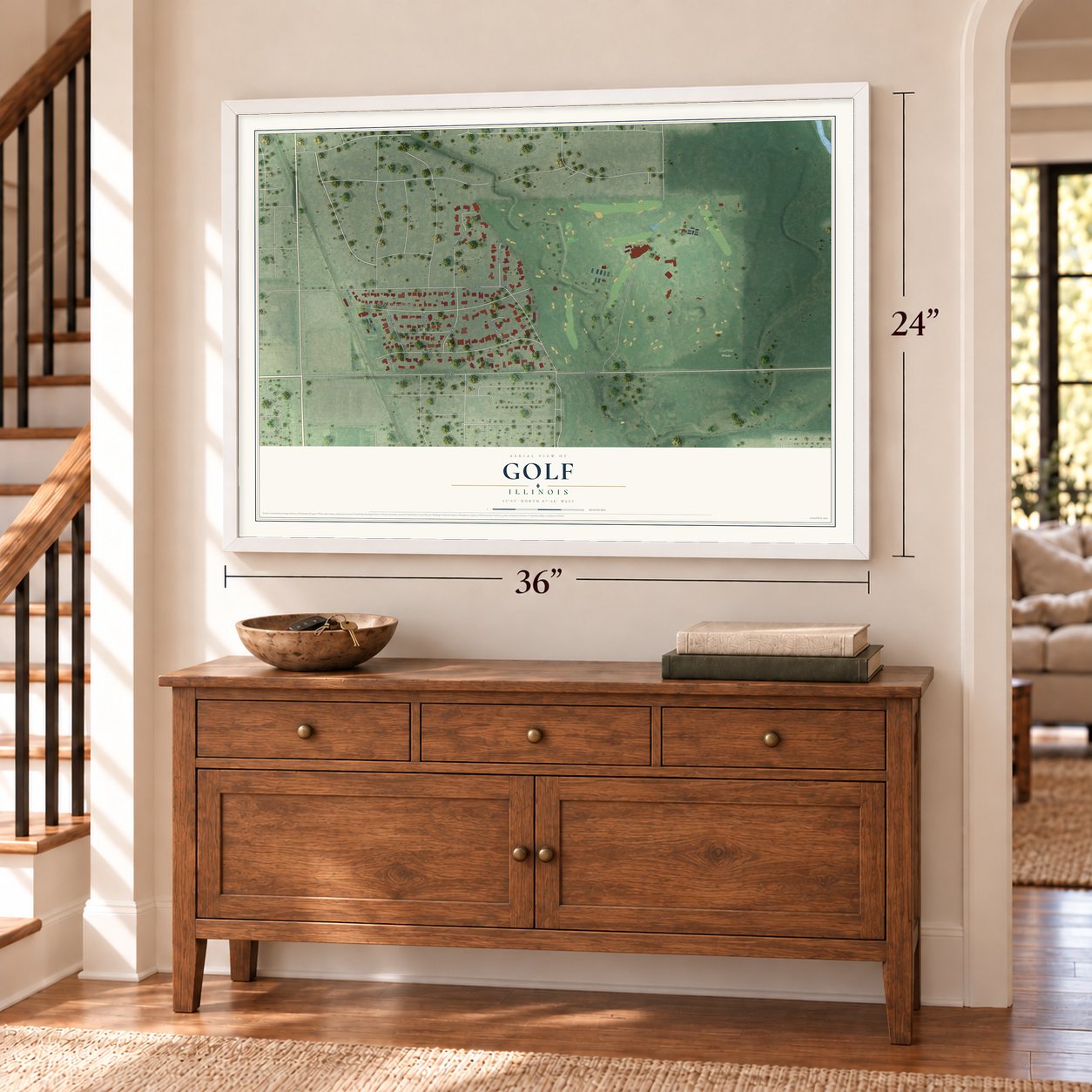 Golf, Illinois map, 24 x 36 inch print in a white frame above a dresser by a staircase