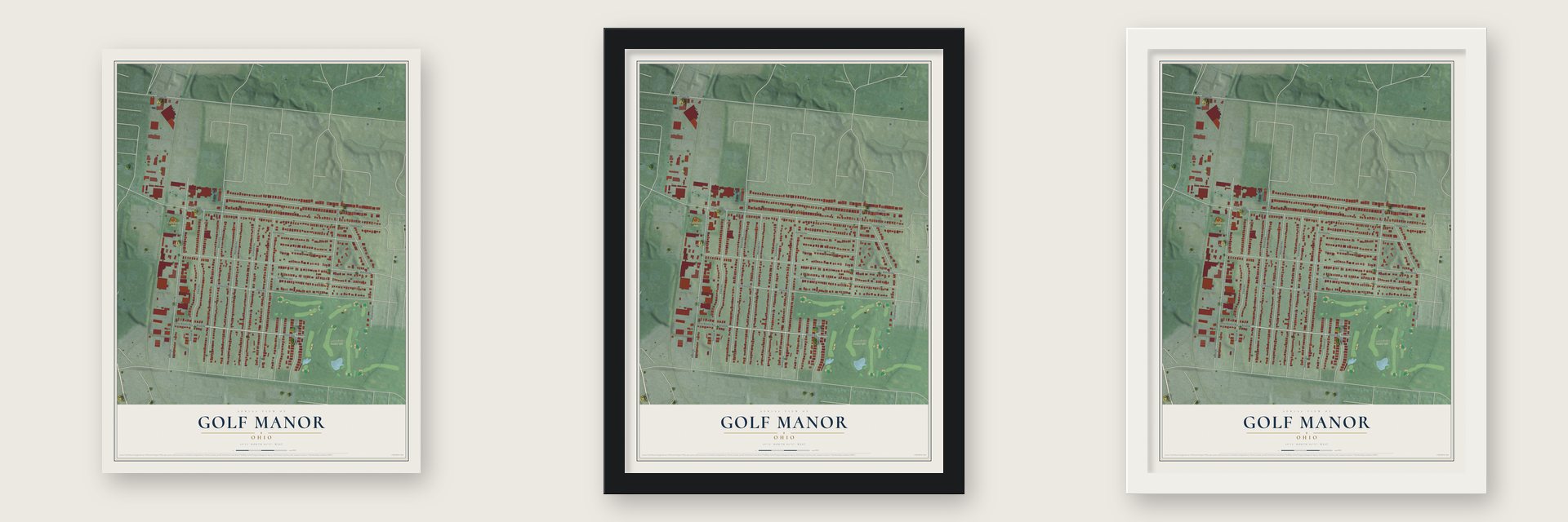 Golf Manor, Ohio map unframed, in a black wood frame and in a white wood frame