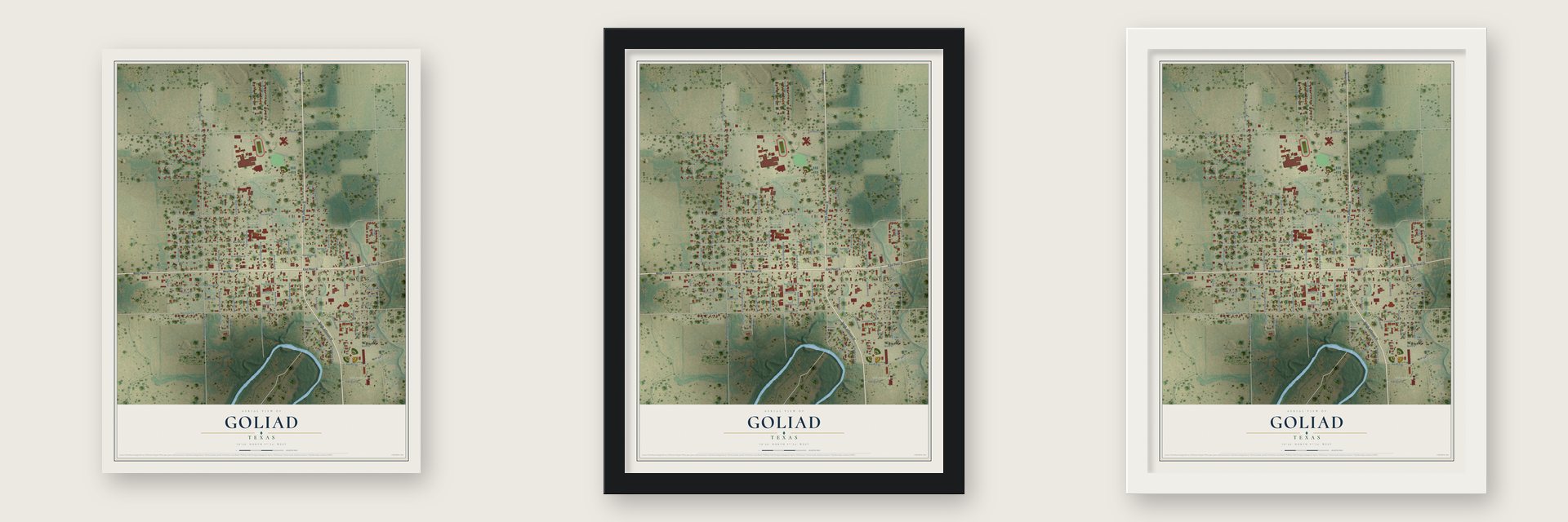 Goliad, Texas map unframed, in a black wood frame and in a white wood frame