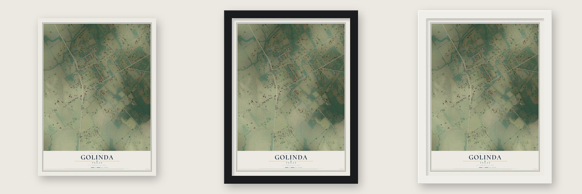 Golinda, Texas map unframed, in a black wood frame and in a white wood frame