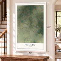 Golinda, Texas map, 24 x 36 inch print in a white frame by a staircase