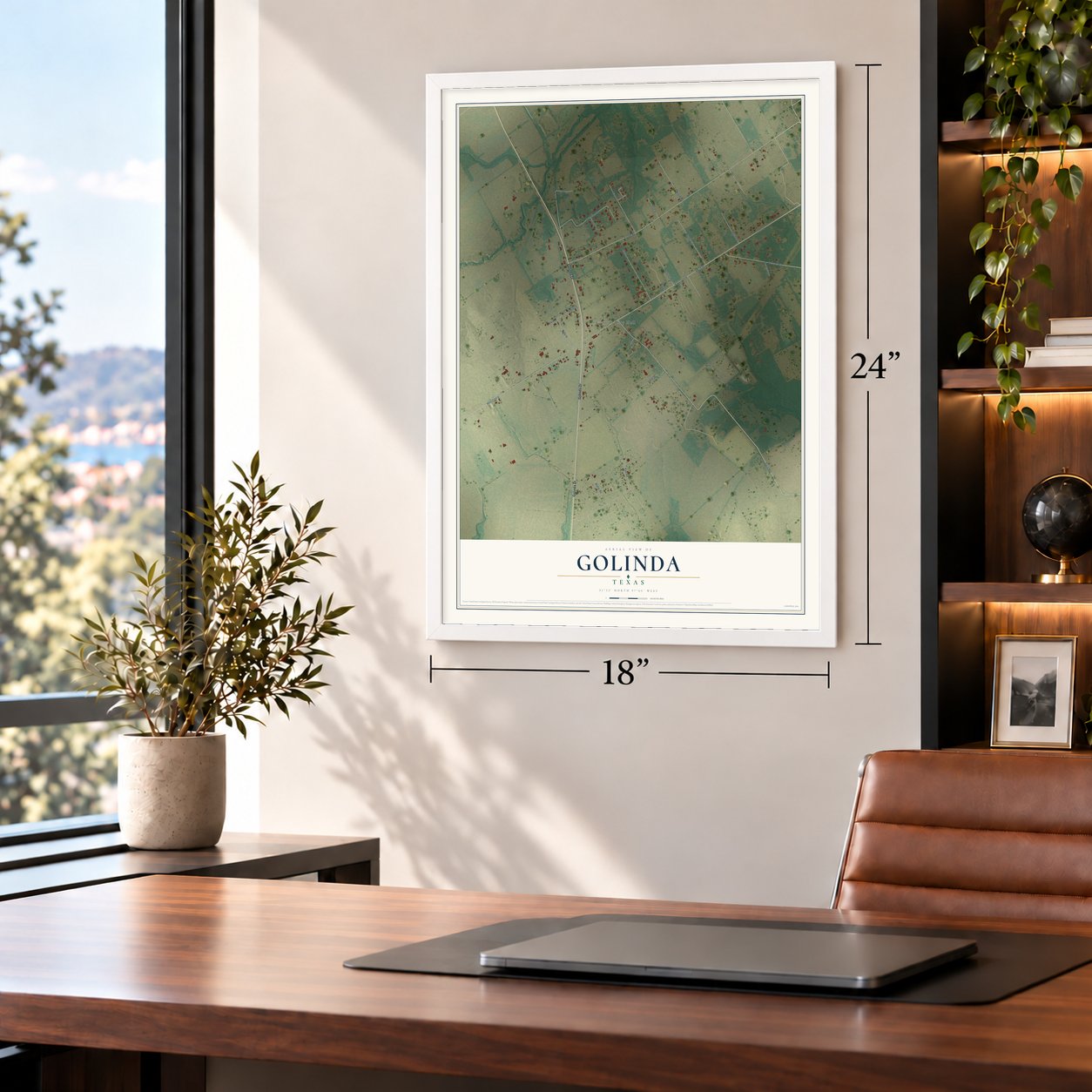 Golinda, Texas map, 18 x 24 inch print in a white frame in a home office