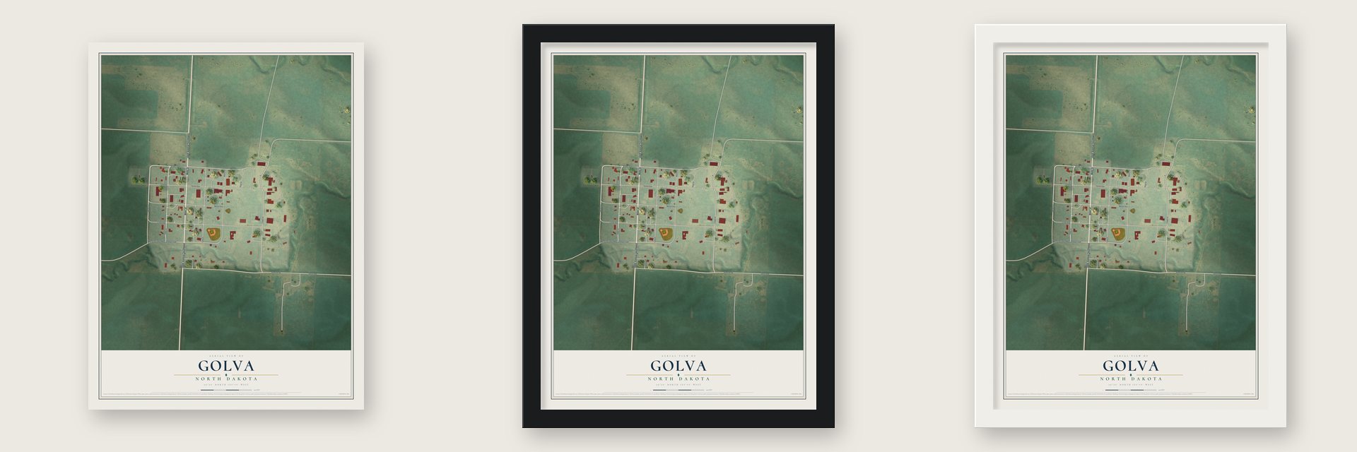 Golva, North Dakota map unframed, in a black wood frame and in a white wood frame