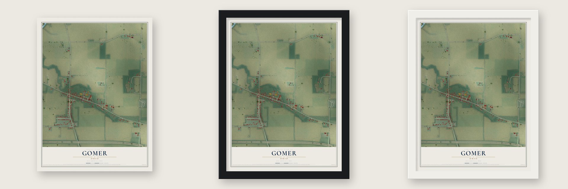 Gomer, Ohio map unframed, in a black wood frame and in a white wood frame