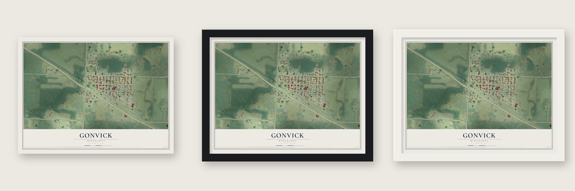 Gonvick, Minnesota map unframed, in a black wood frame and in a white wood frame