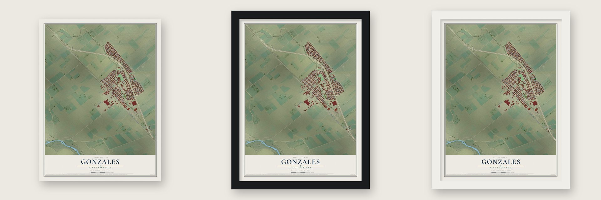 Gonzales, California map unframed, in a black wood frame and in a white wood frame