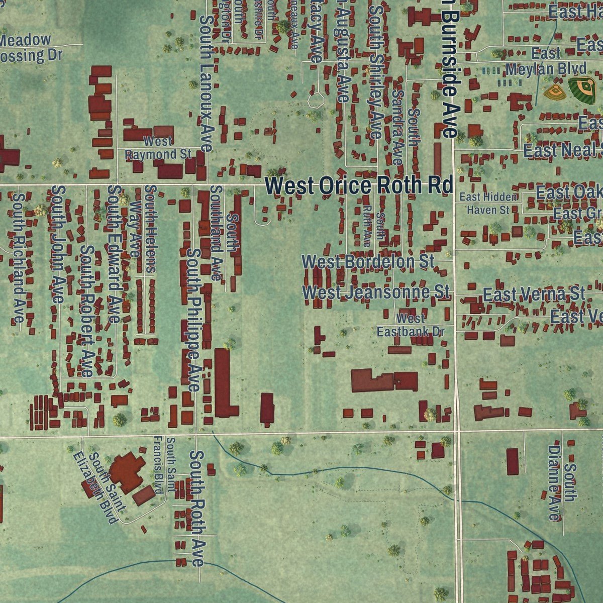 Second close-up of the map of Gonzales, Louisiana print showing more streets and buildings