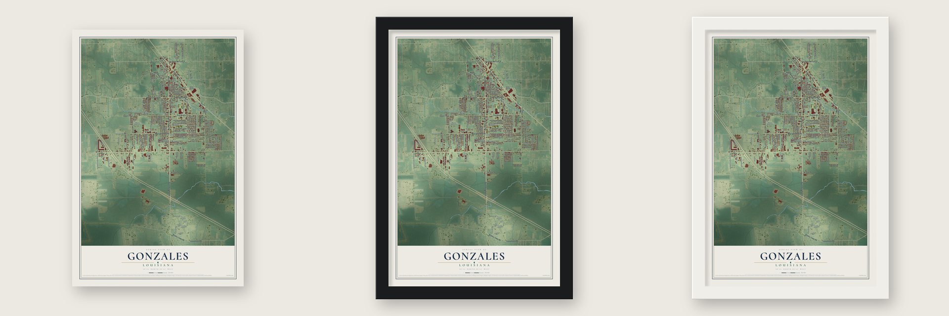 Gonzales, Louisiana map unframed, in a black wood frame and in a white wood frame