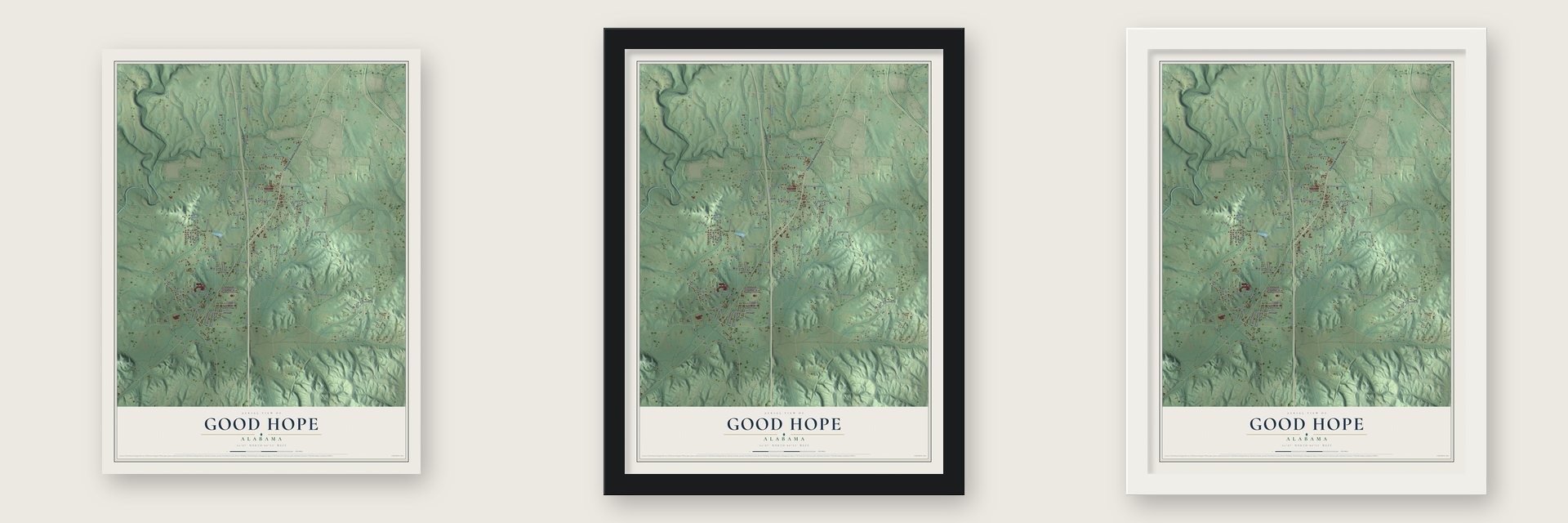Good Hope, Alabama map unframed, in a black wood frame and in a white wood frame