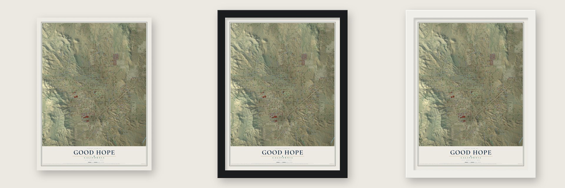 Good Hope, California map unframed, in a black wood frame and in a white wood frame