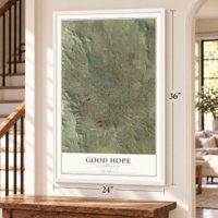 Good Hope, California map, 24 x 36 inch print in a white frame by a staircase