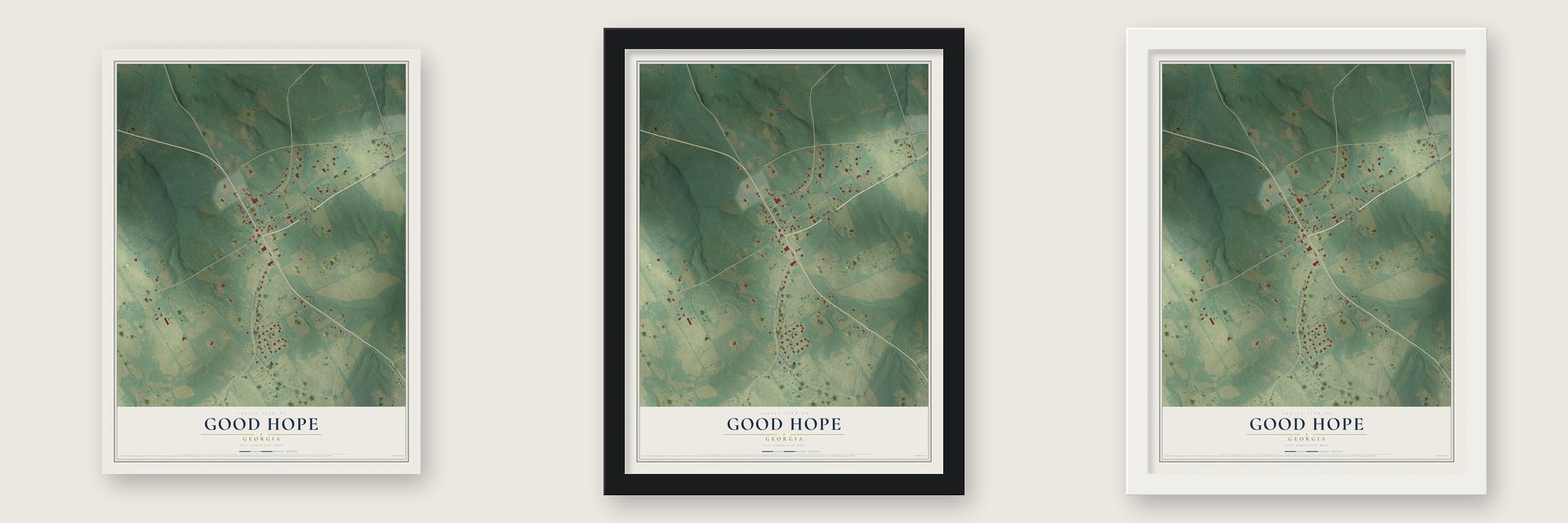 Good Hope, Georgia map unframed, in a black wood frame and in a white wood frame