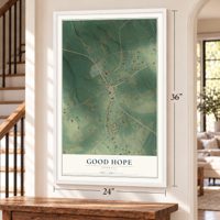 Good Hope, Georgia map, 24 x 36 inch print in a white frame by a staircase