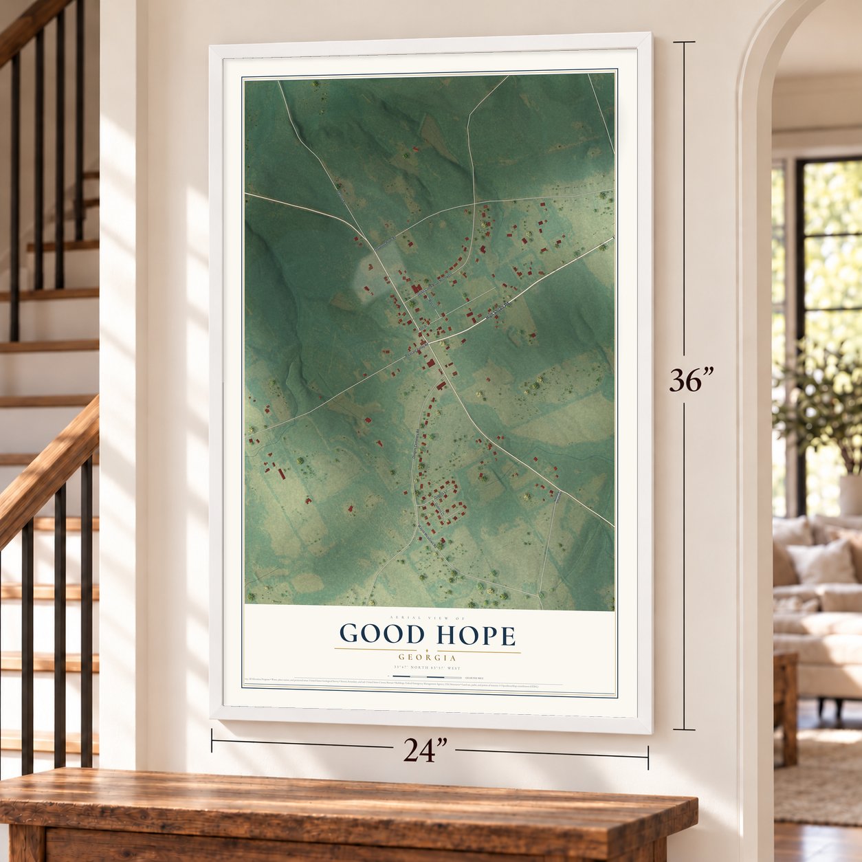 Good Hope, Georgia map, 24 x 36 inch print in a white frame by a staircase