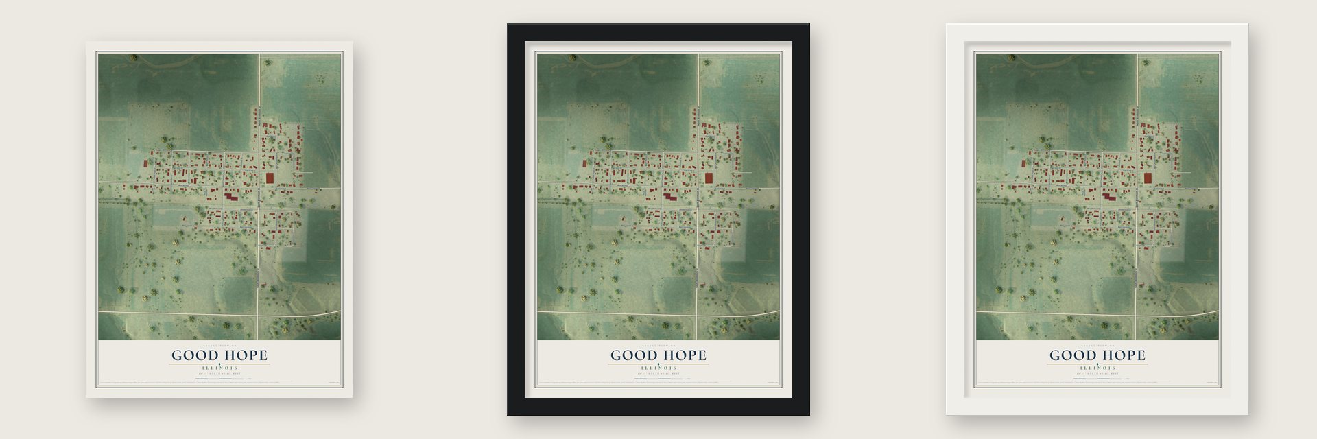 Good Hope, Illinois map unframed, in a black wood frame and in a white wood frame