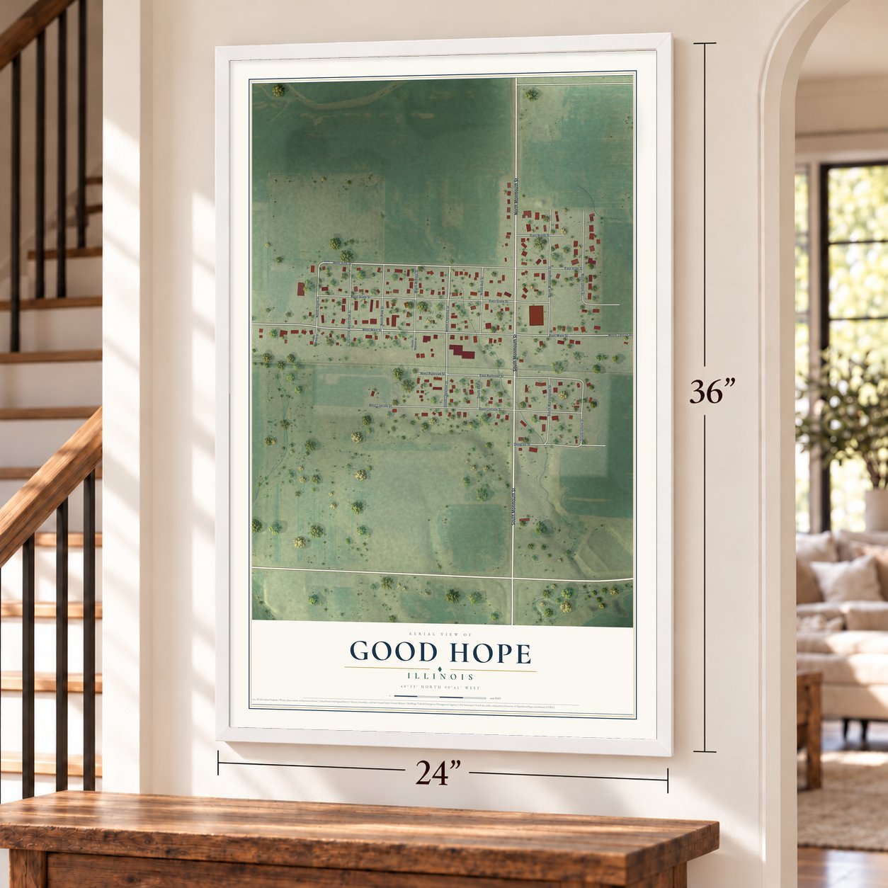 Good Hope, Illinois map, 24 x 36 inch print in a white frame by a staircase