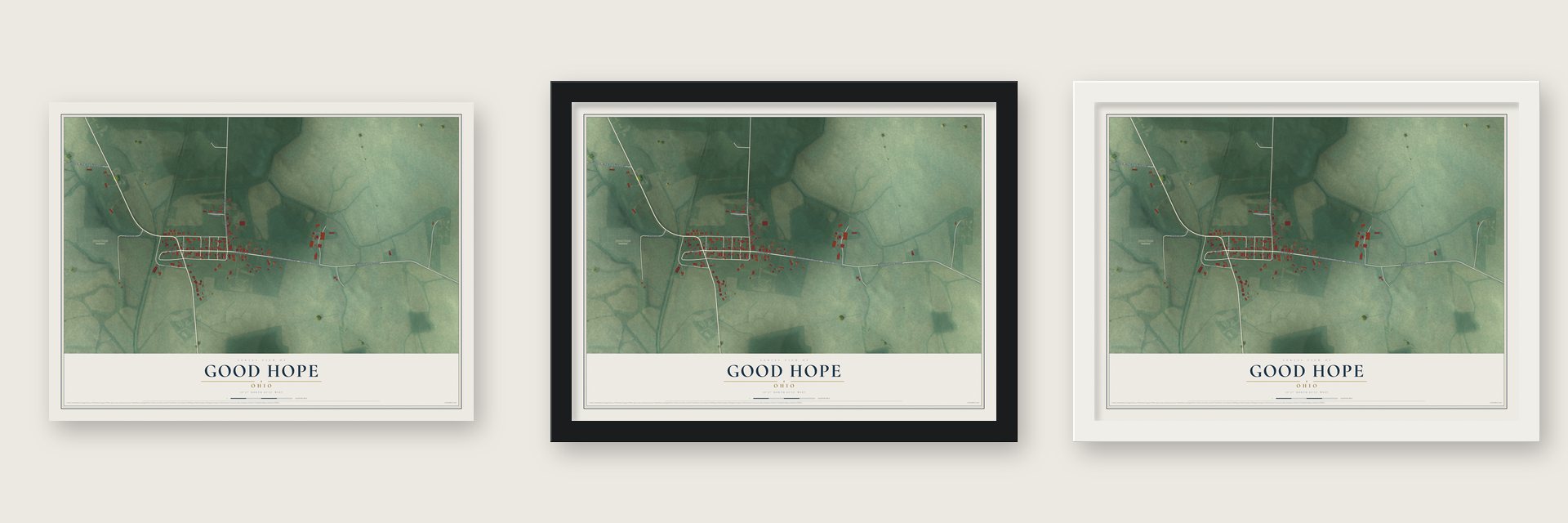 Good Hope, Ohio map unframed, in a black wood frame and in a white wood frame