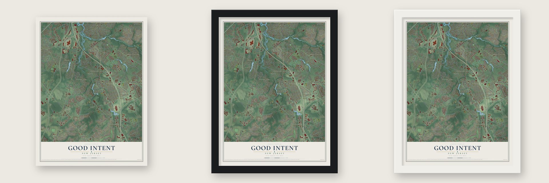 Good Intent, New Jersey map unframed, in a black wood frame and in a white wood frame