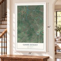 Good Intent, New Jersey map, 24 x 36 inch print in a white frame by a staircase