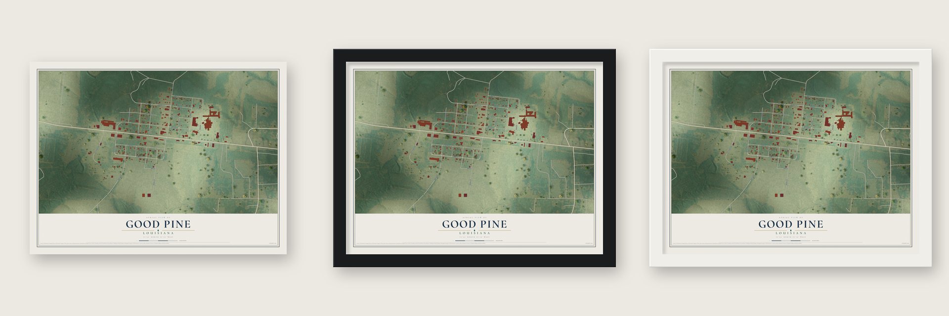 Good Pine, Louisiana map unframed, in a black wood frame and in a white wood frame
